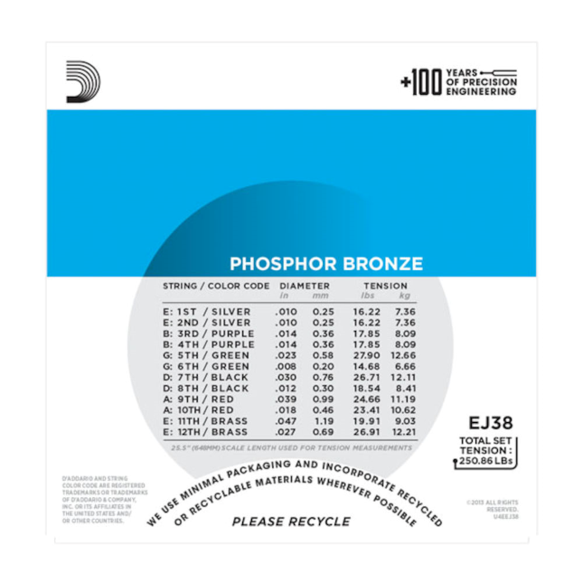 D'Addario EJ38 12-String Phosphor Bronze light set 10-47