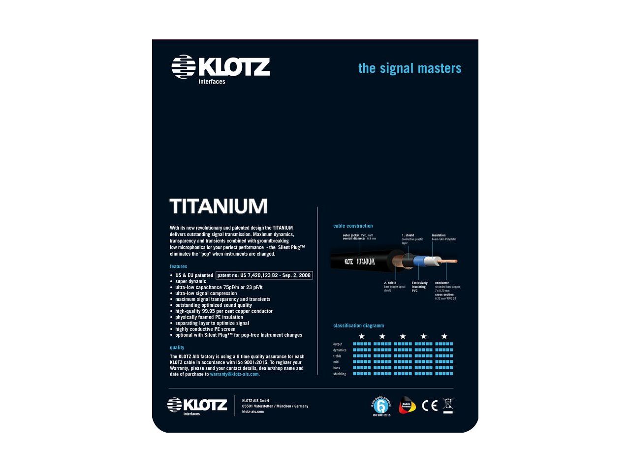 Klotz Titanium Supreme Gitarrenkabel mit Silent Plug gerade 3m